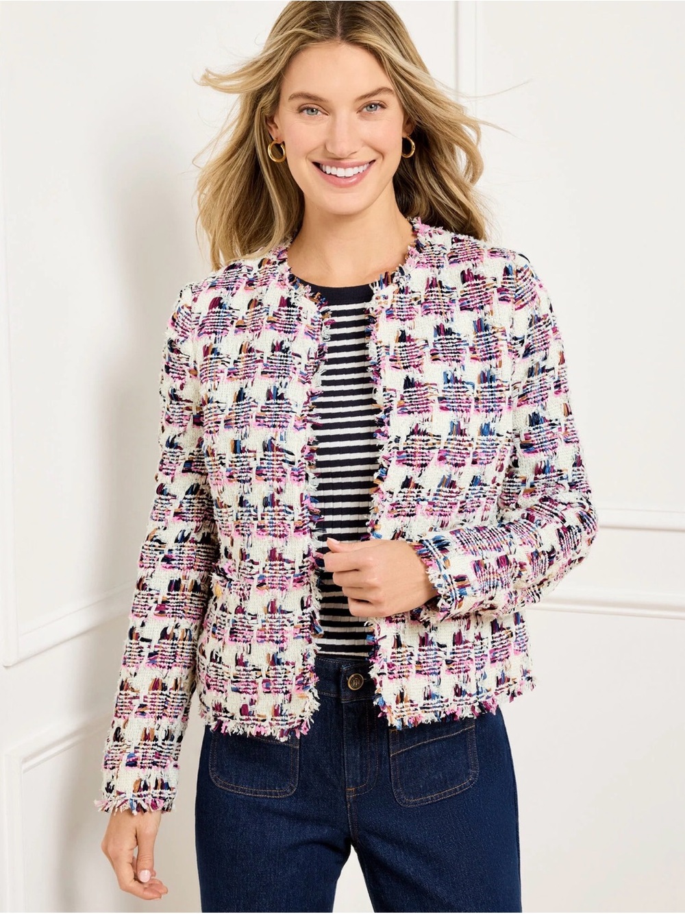 Talbots White Tweed Fringe Hem Jacket with Purple and Blue Accents